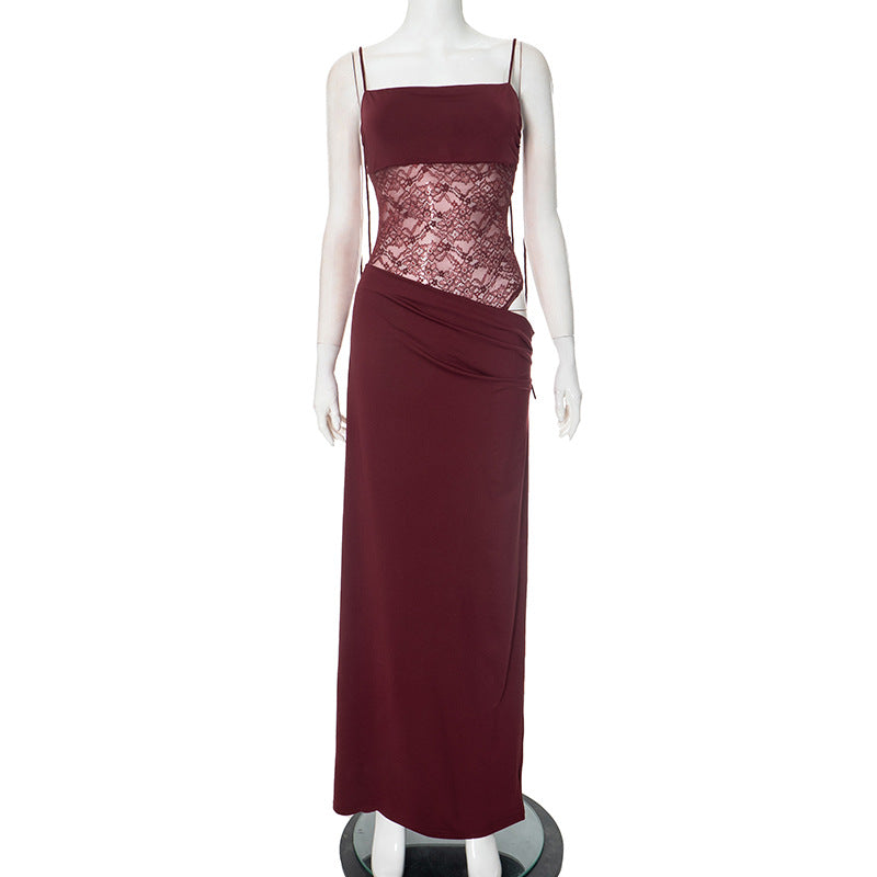 Women's Lace Splicing Sling Rope Midriff Outfit Dresses