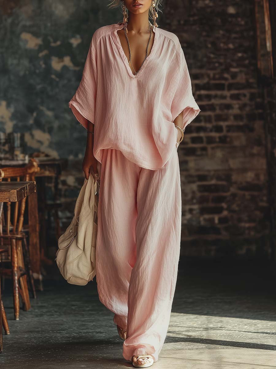 Women's Solid Color Loose Short-sleeved Trousers Two-piece Fashion Casual Suit