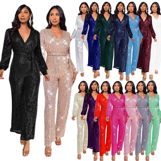 Women's Deep V Fashion Casual Long Sleeve Jumpsuits