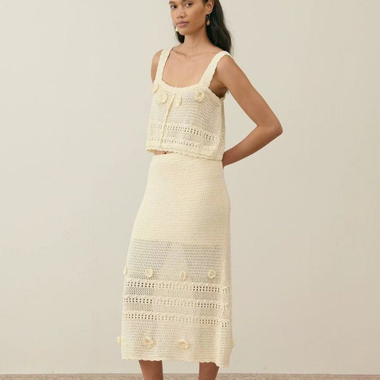 French Minority Handmade Crochet Hollow Camisole Suits