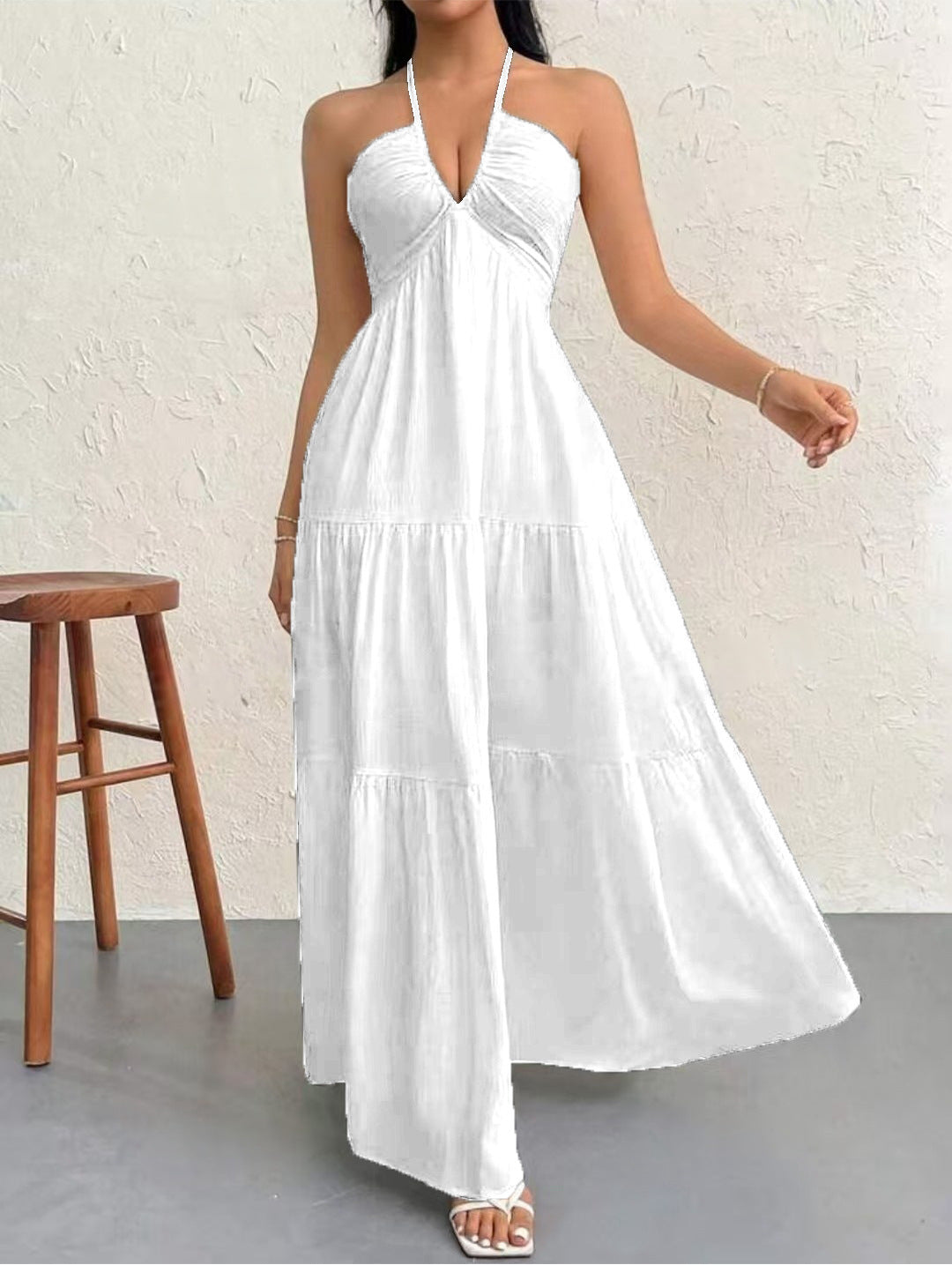 Women's V Shoulder Bohemian Style Belt Festival Dress