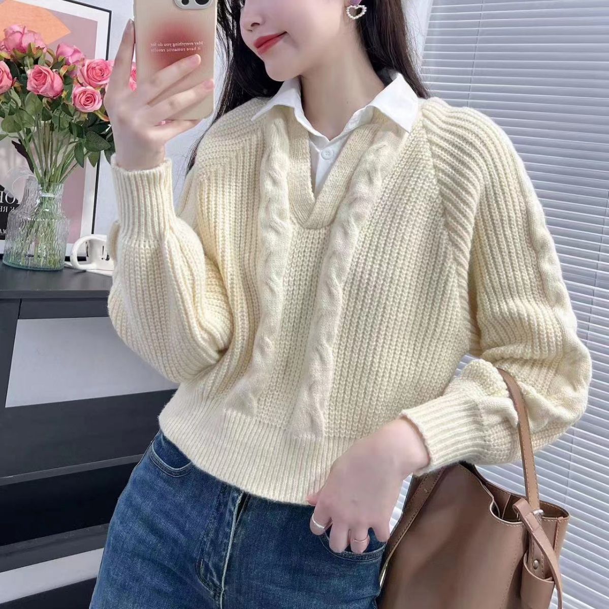 Women's Style Fake Two-piece Autumn Design Pullover Loose Slimming Sweater