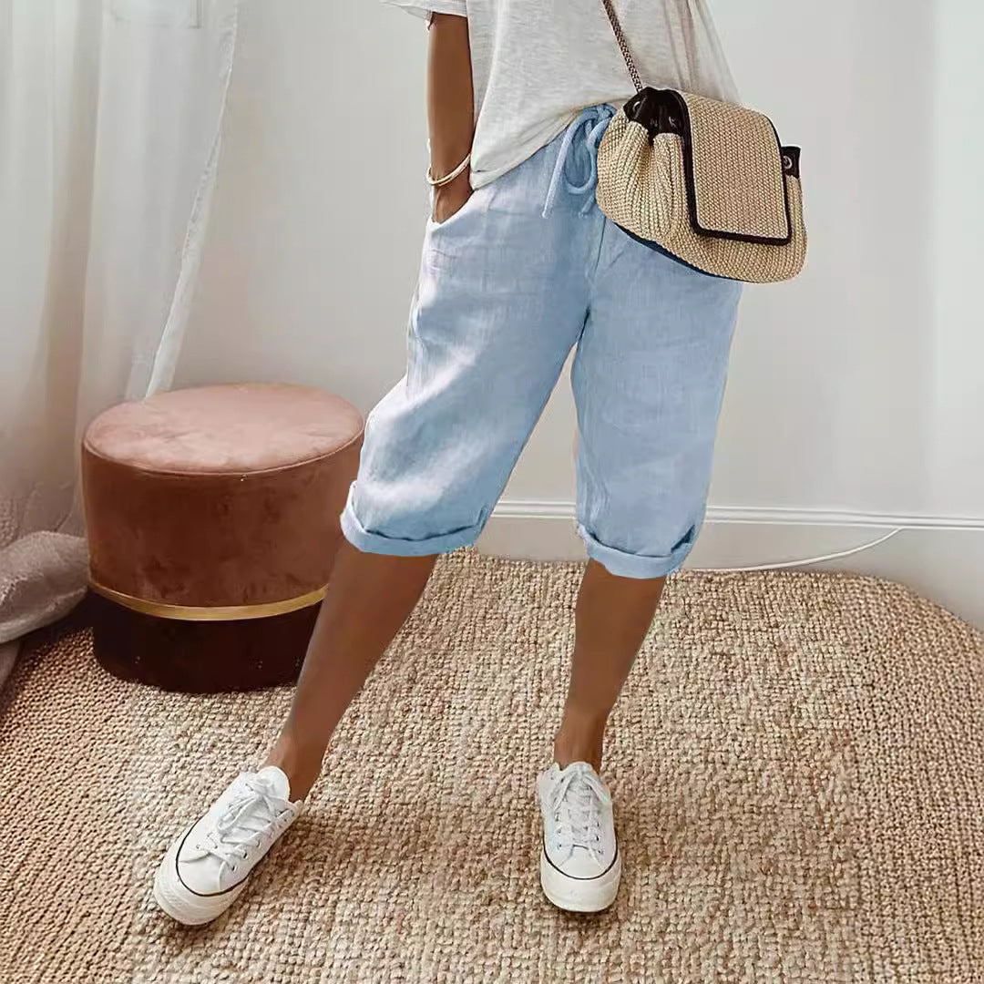 Women's Cotton Linen Pocket Slacks Five Pants