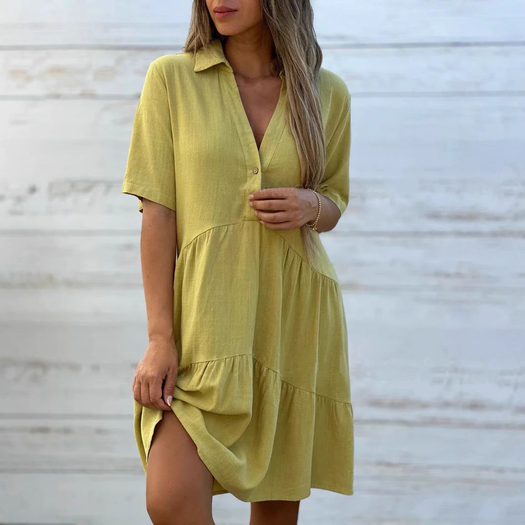 Women's Loose Solid Color Polo Collar Casual Sleeve Dress