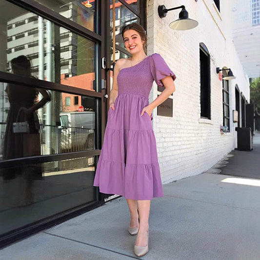 Women's Summer Bohemian Solid Color Smoked Layered Dresses