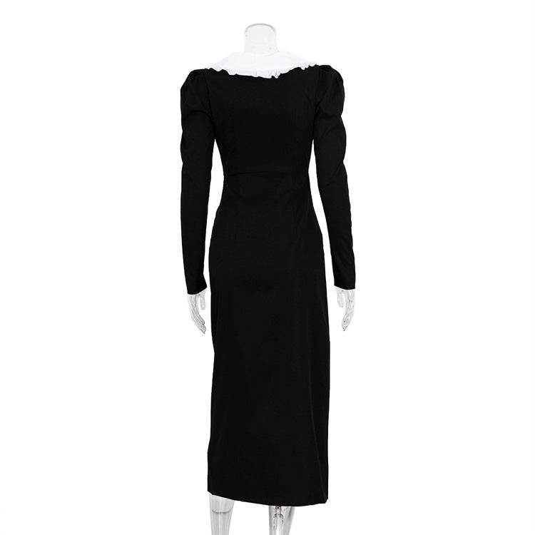 Women's White Contrast Color Split Long Dress Doll Dresses