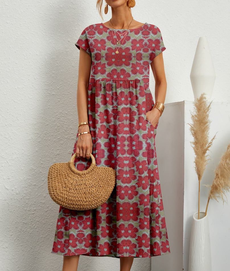 Women's Cotton Linen Sleeveless Round Neck Printed Dresses