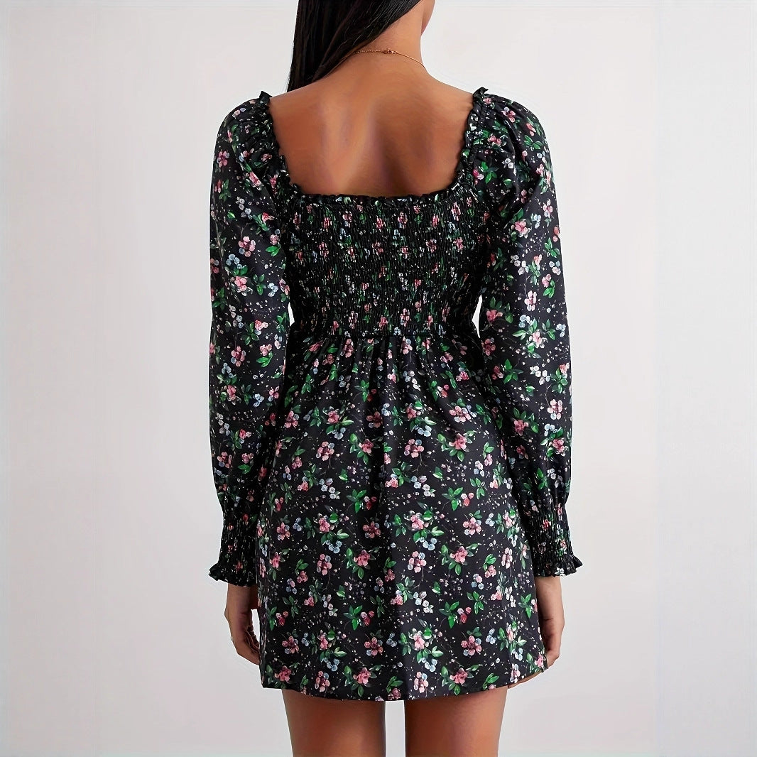 Women's Retro Lantern Long Sleeve Smocking Waist Trimming Dress