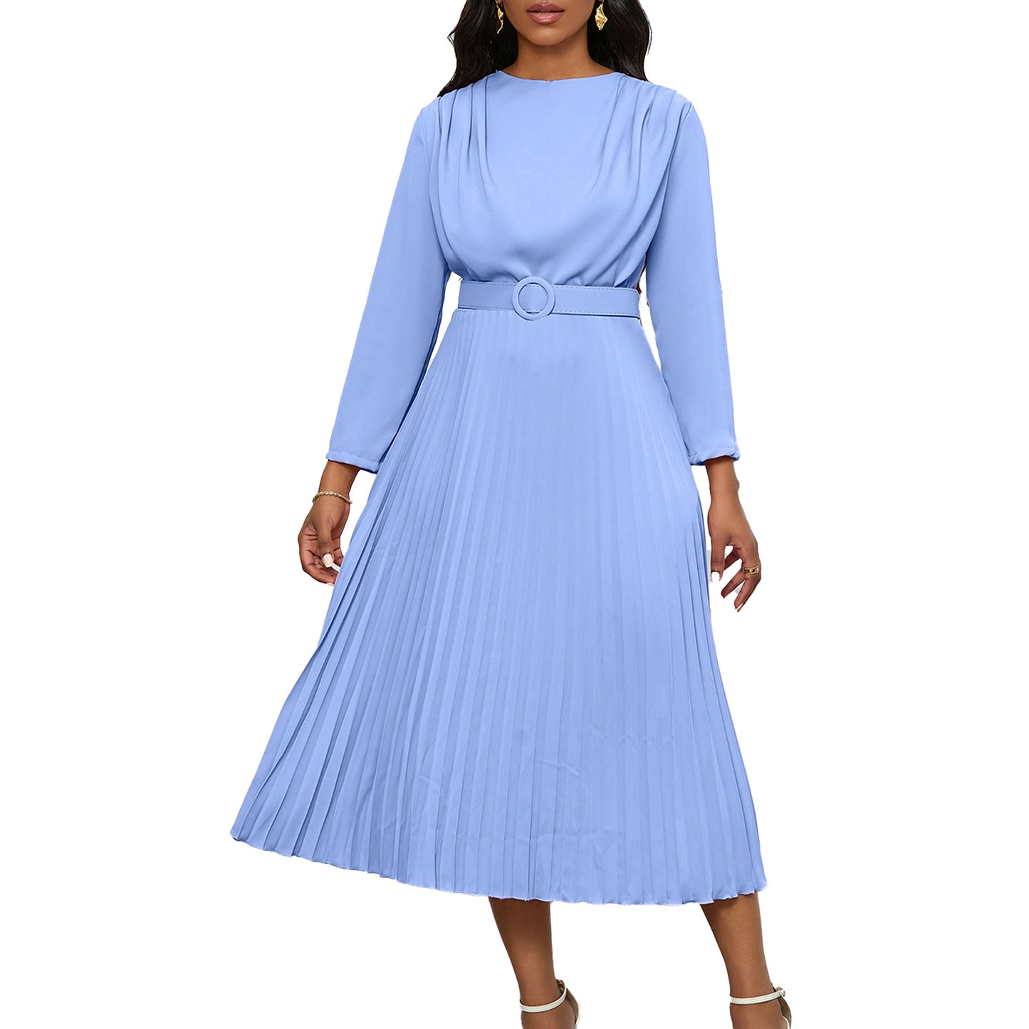Women's Elegant Pleated Commuter Solid Color African Dress