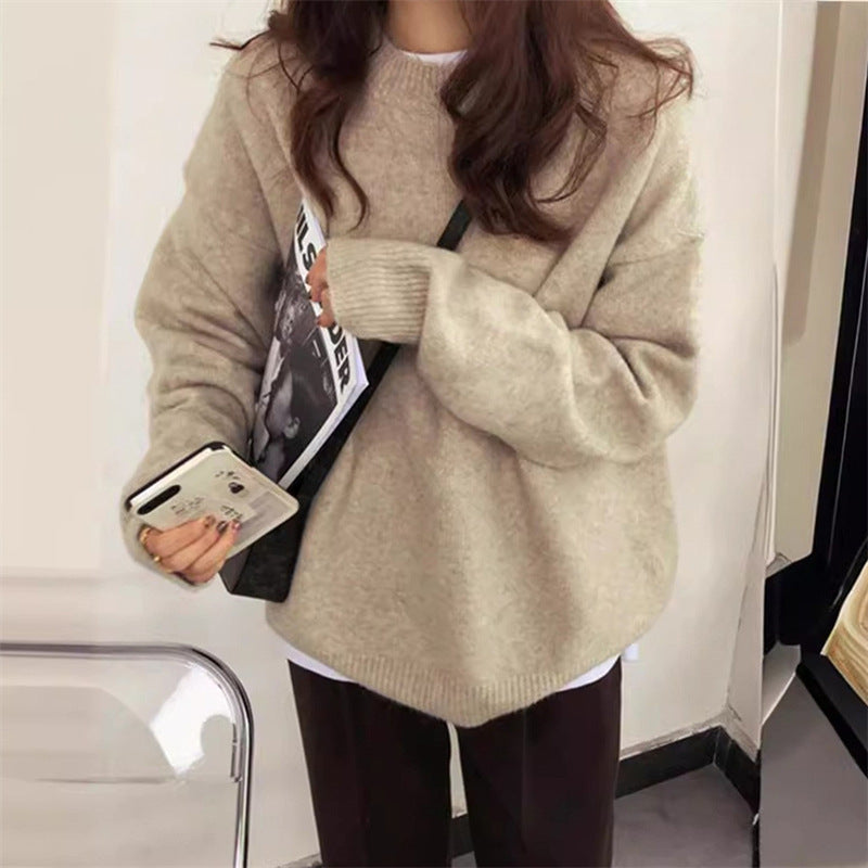 Women's Solid Color Casual Round Neck Pullover Outer Wear Korean Style Sweater