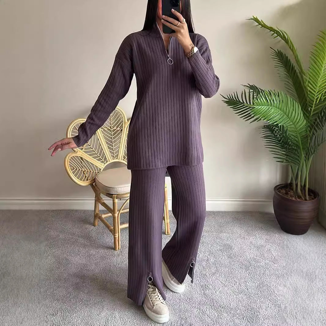 Women's Zipper Knitting High Neck Ribbing Home Suits