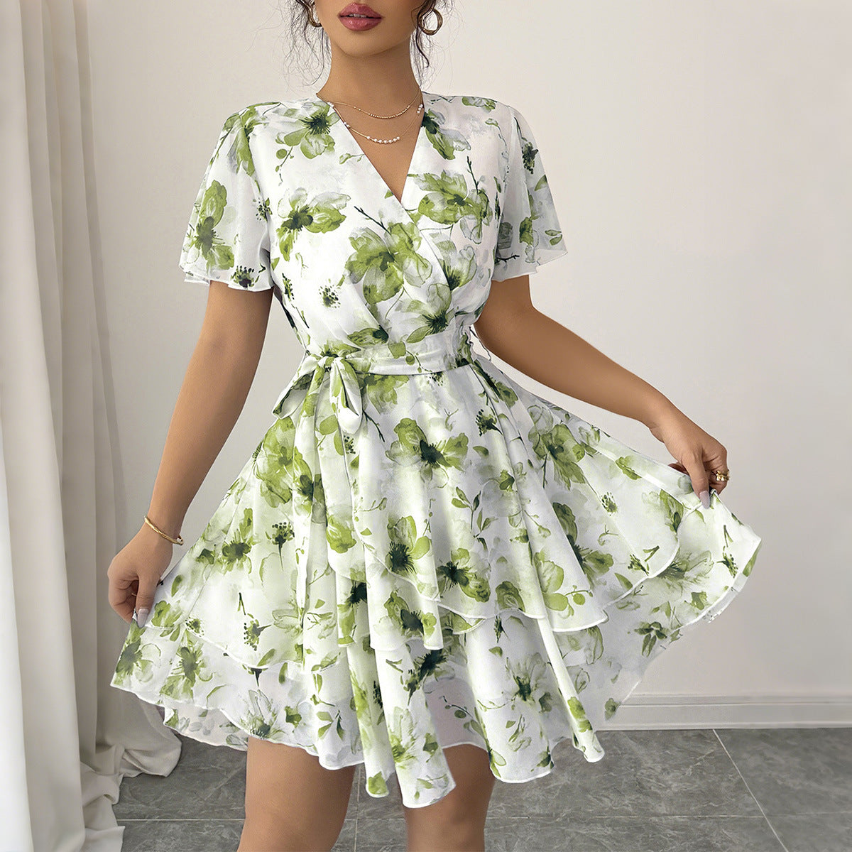 Women's Casual Holiday Floral Print Sleeve Cake Skirts