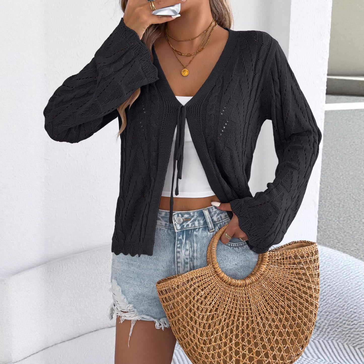 Women's Color Hollow Out Tied Flare Sleeve Cardigans
