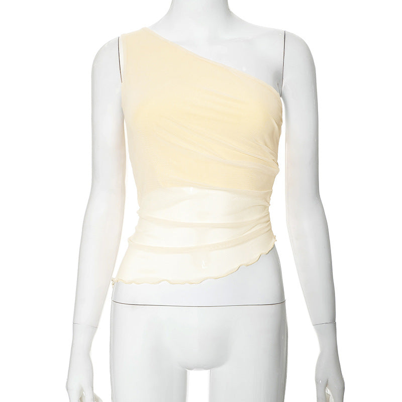 Women's Summer Solid Color Asymmetric Mesh Blouses