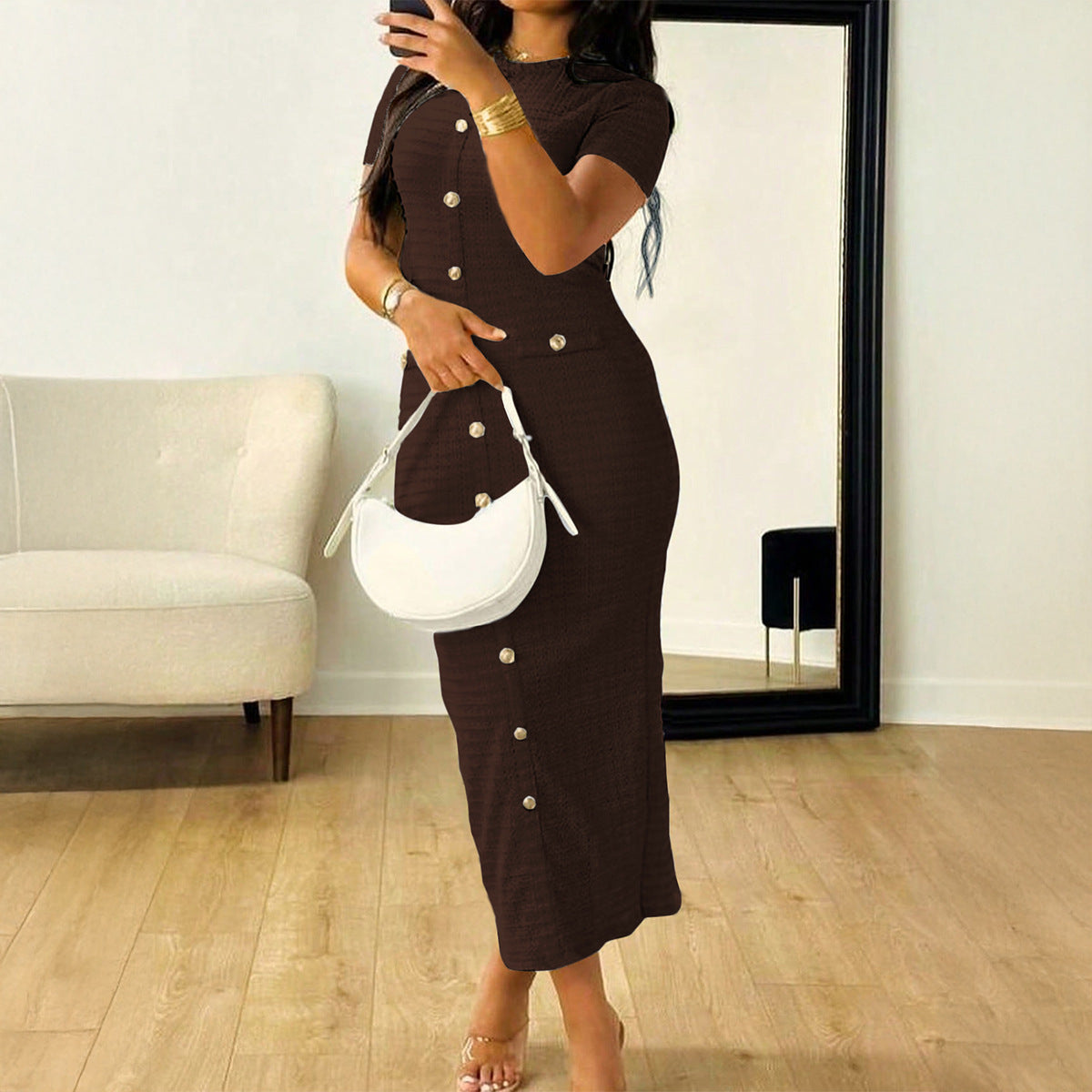 Women's Elegant Graceful Button Short-sleeved Sheath Clothing