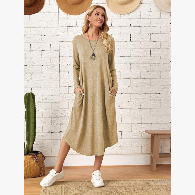 Women's Solid Color Knitted Side Seam Straight Pocket Curved Hem Dress