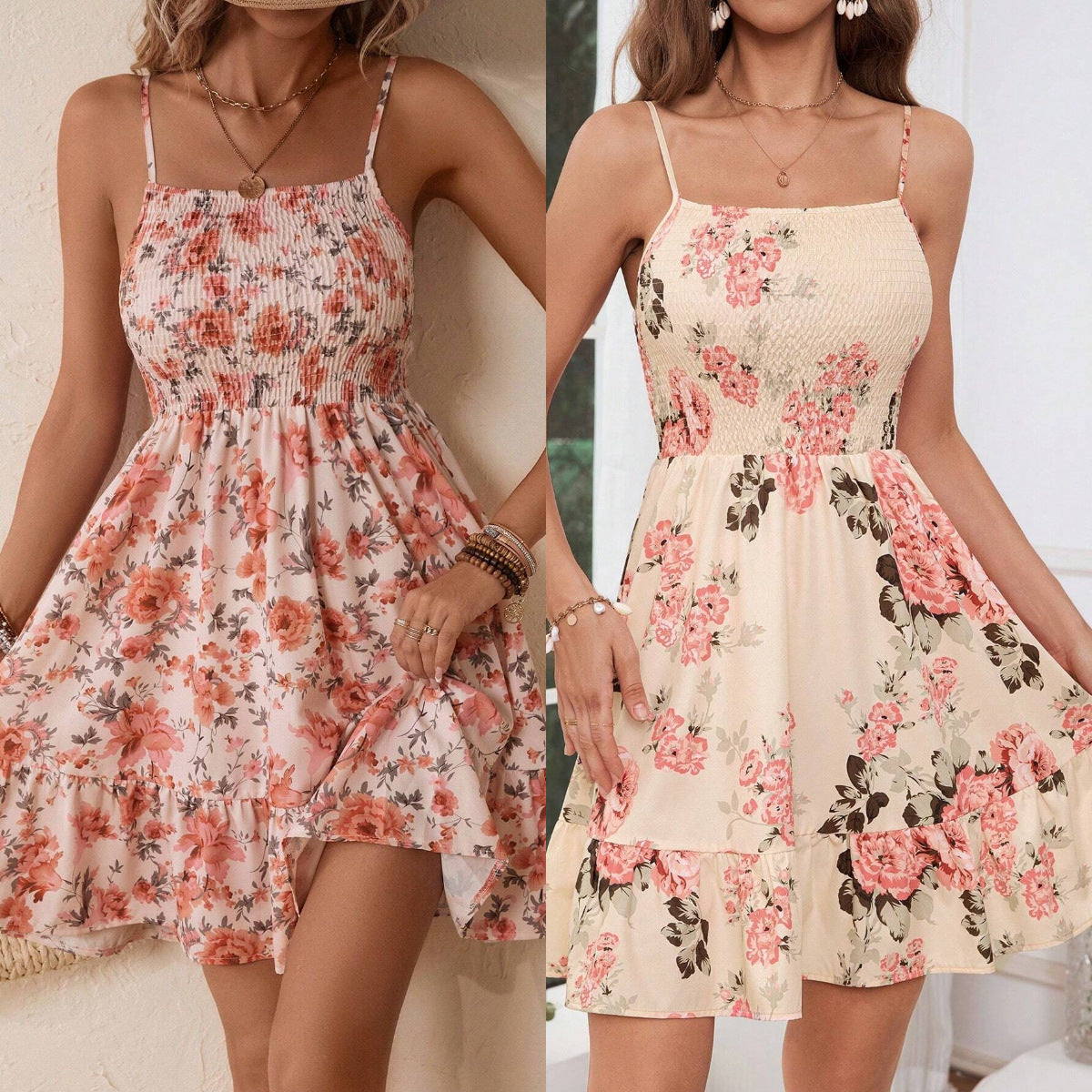 Attractive Innovative Creative Smocking Printing Slip Dress