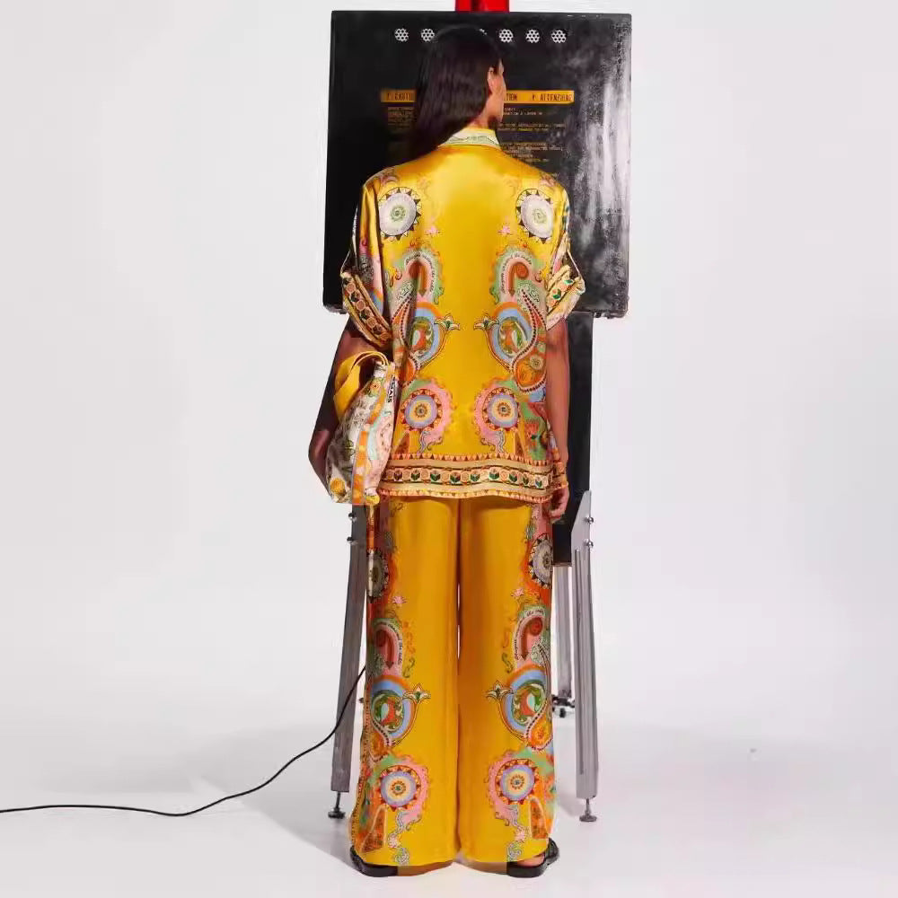 Satin Printed Flowers Sleeve Vacation Leisure Suits