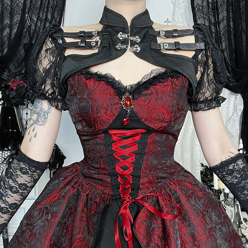 Women's Red Rose Jacquard Suspender Dress Gothic Style Dresses