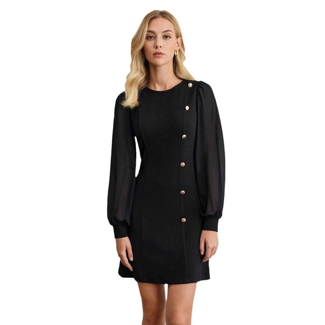 Women's Spring Round Neck Clinch Slimming Solid Dress