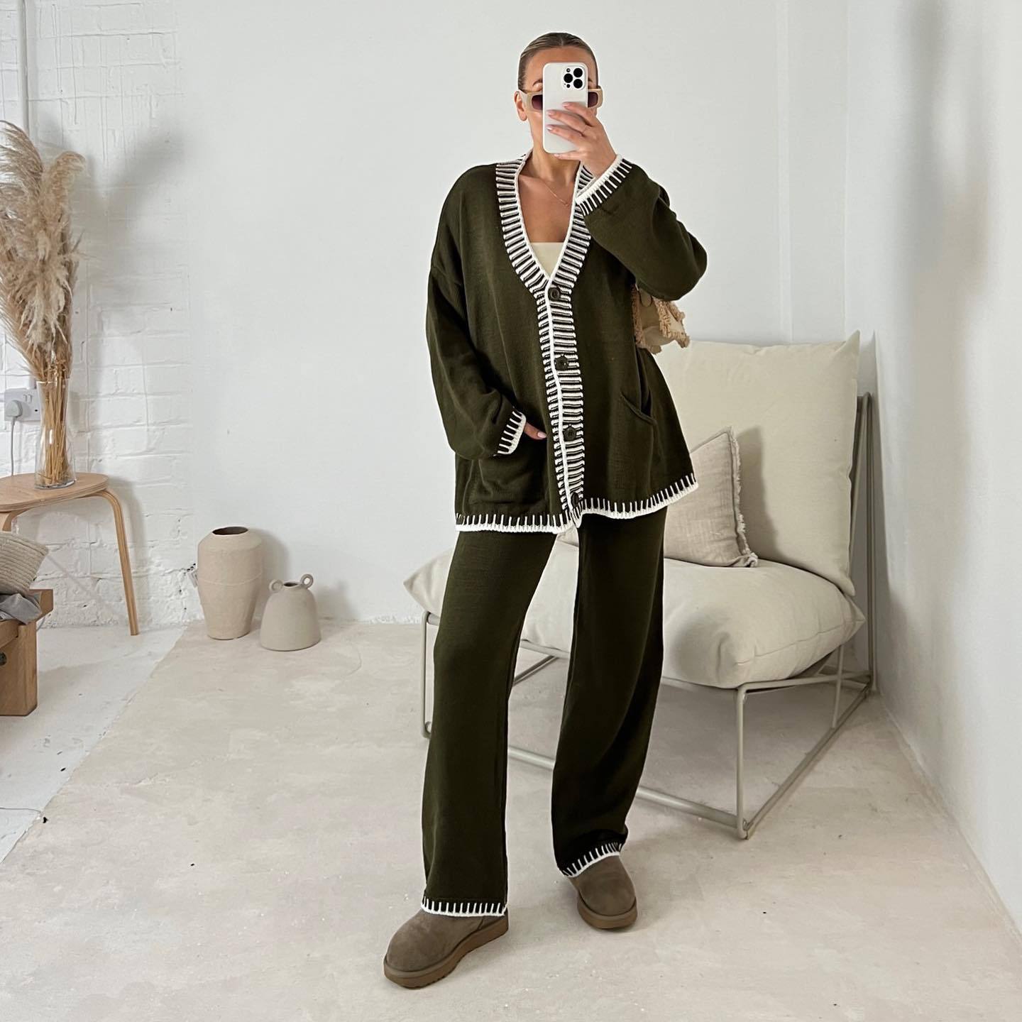 Stylish Slouchy Women's Knitted Single-breasted Two-piece Fashion Casual Suit