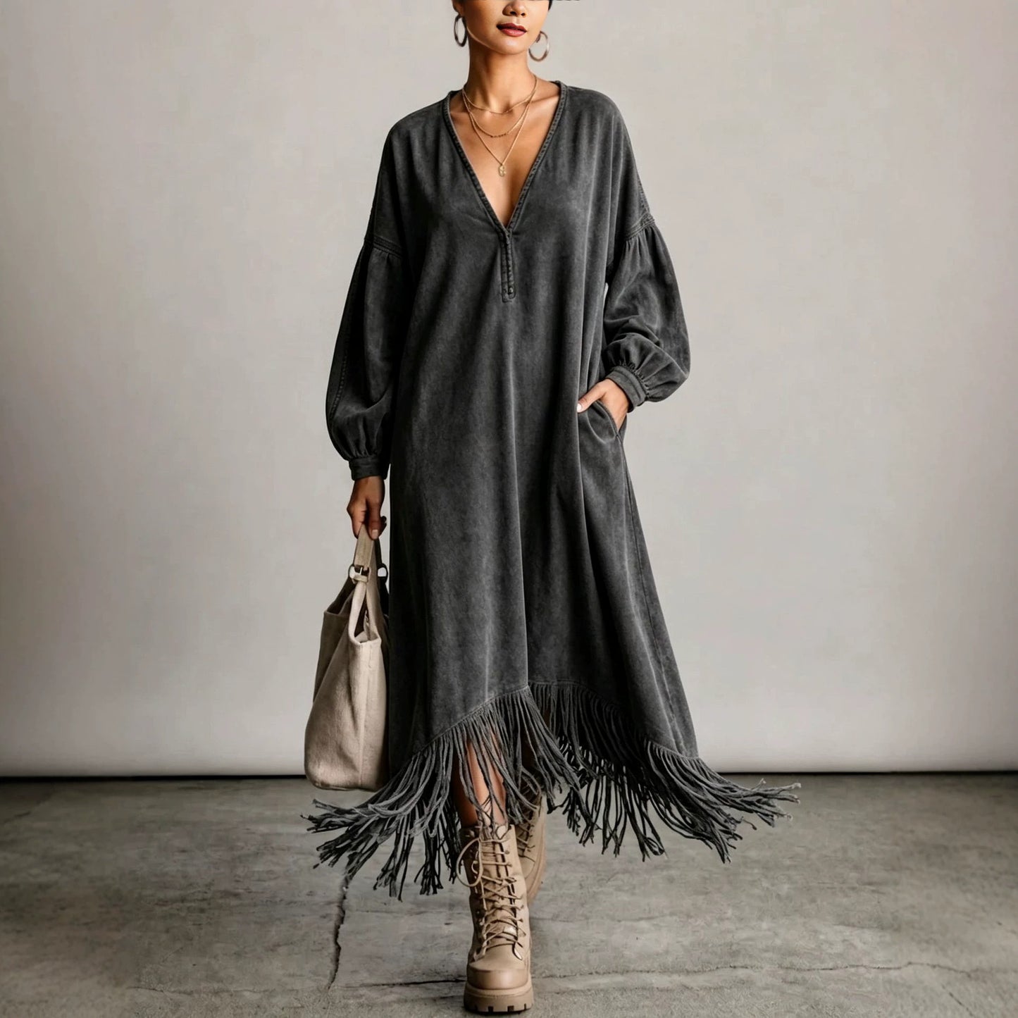 Suede Tassel Large Solid Color Elegant Outdoor Dress