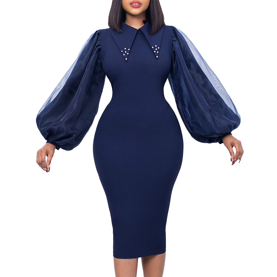 Women's Long-sleeved Large Sheath Beaded Mesh Stitching Commuter Dress