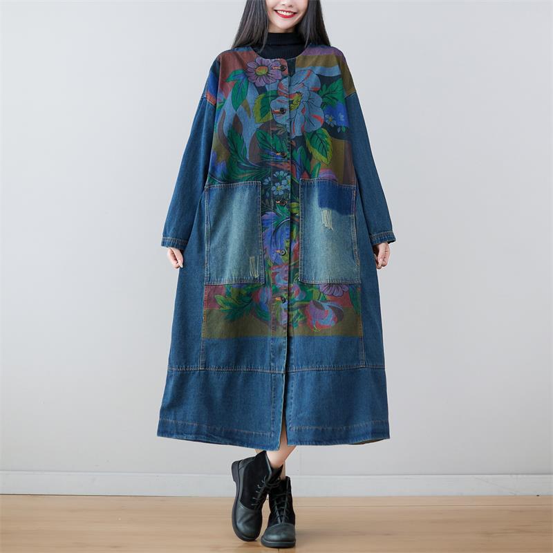 Washed-out Vintage Extended Denim Artistic Stitching Hooded Coats