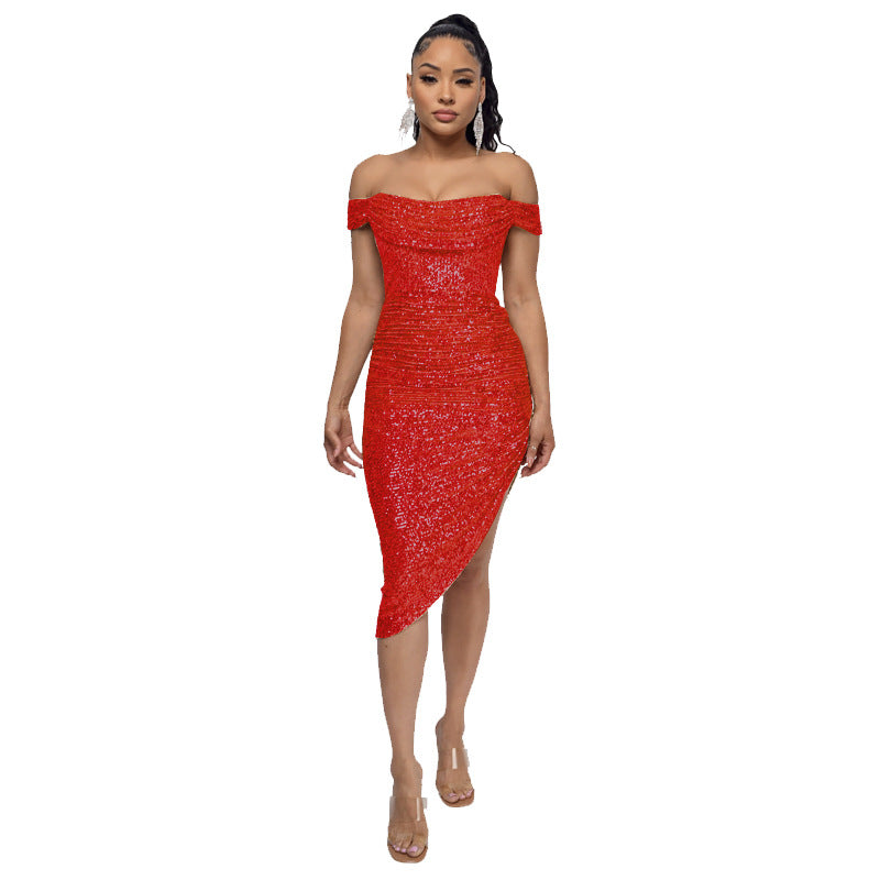 Women's French Style Pleated Sequined Split Elegant Dresses