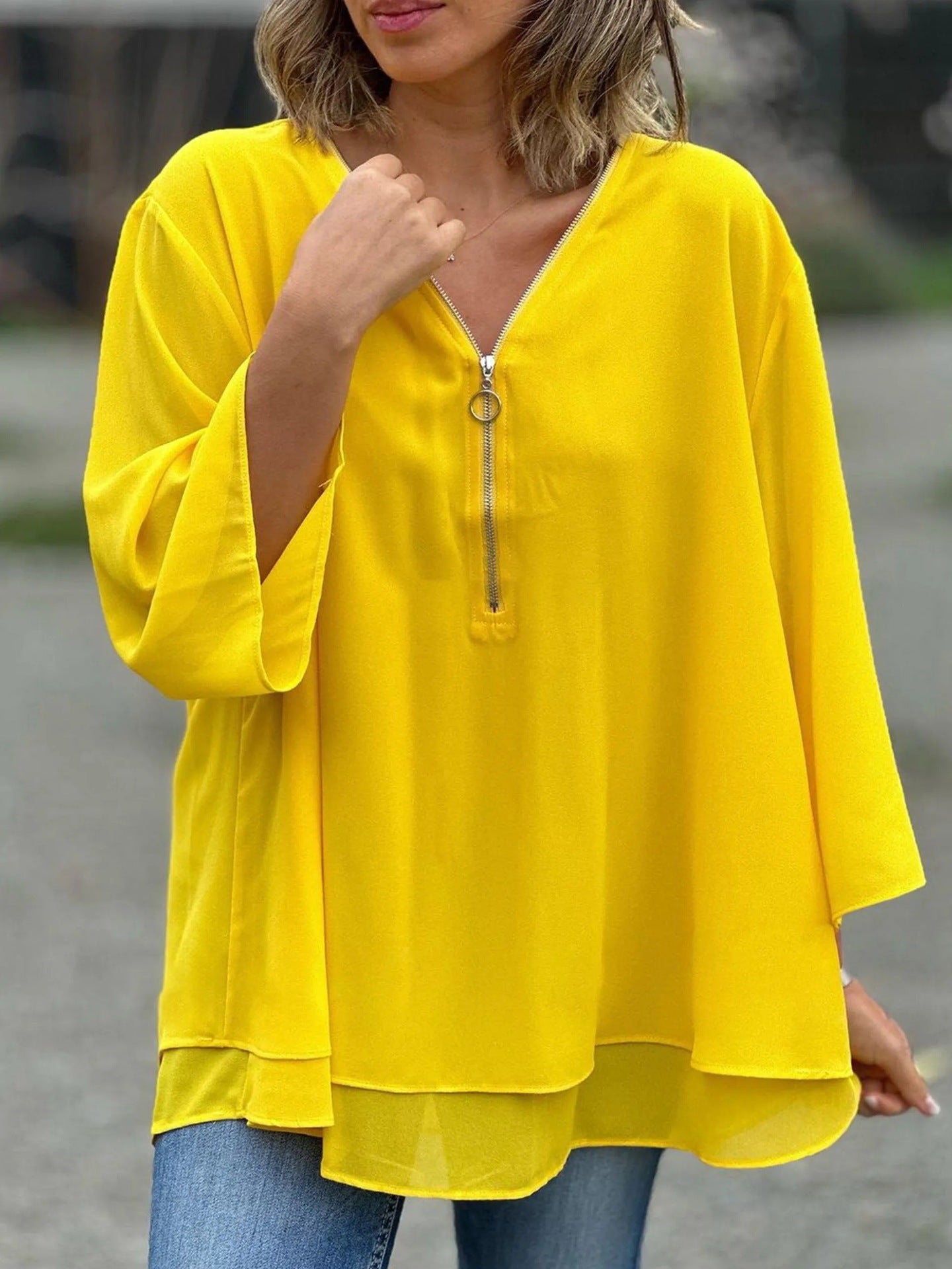 Sleeves Casual Chiffon Metal Zipper Loose Tops