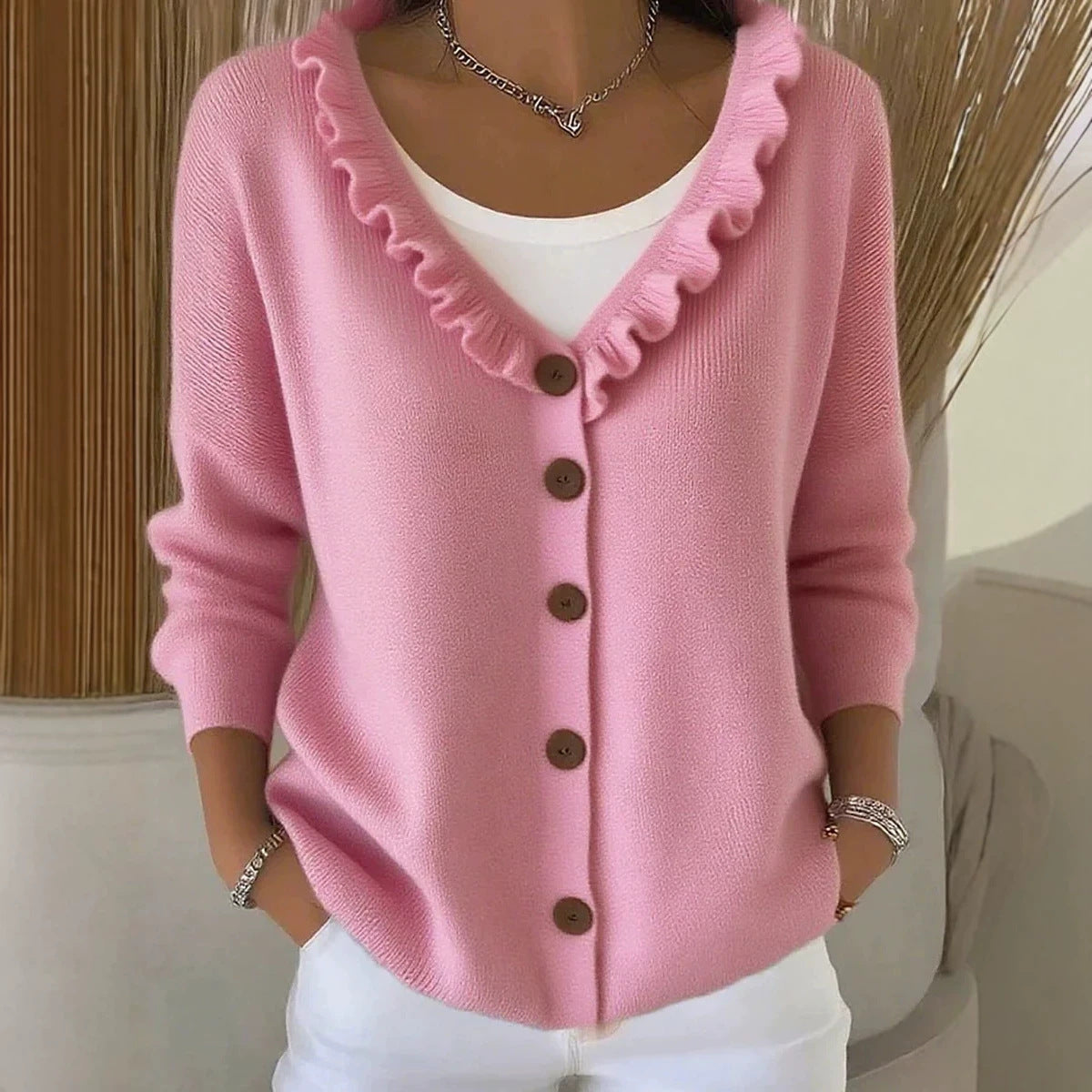 Wooden Ear Knitted Button Solid Color Sweater