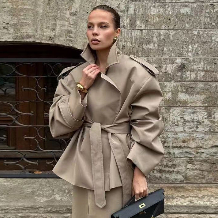 Women's Loose Casual Polo Collar Lacing Mid-length Coats