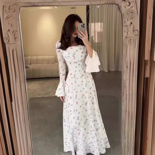 Women's Summer U-shaped Collar Printed Long Sleeve Flared Clothing