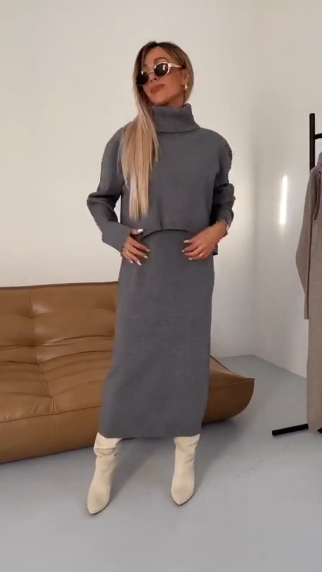 Dress Turtleneck Long Two-piece Solid Color Dresses