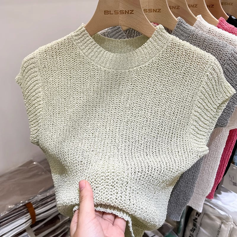 Women's European Goods Short-sleeved Summer Silk Ice Design Sleeveless Solid Women's Sweater