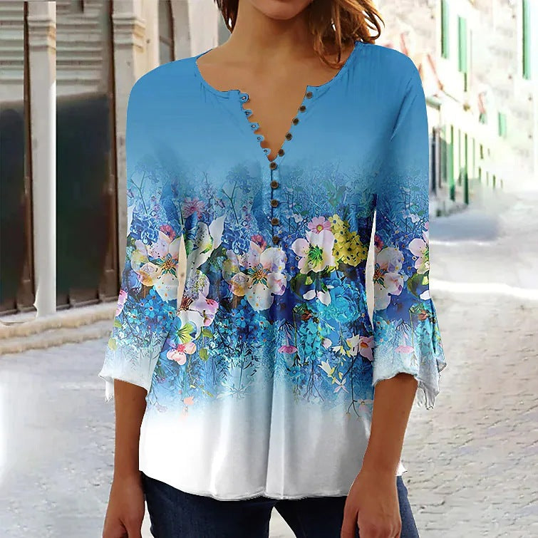 Women's Digital Printing Button T-shirt Flared Sleeves Clothing