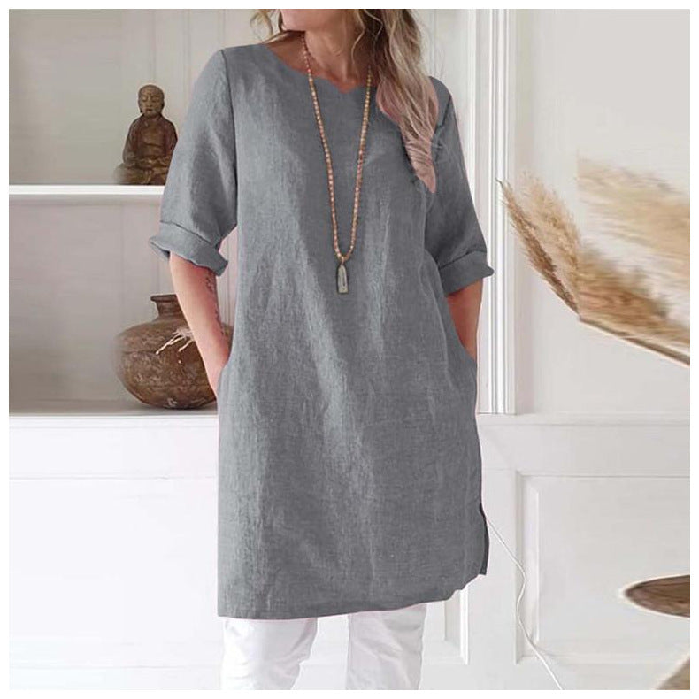 Women's Solid Color Cotton Linen Sleeve Round Neck Dress