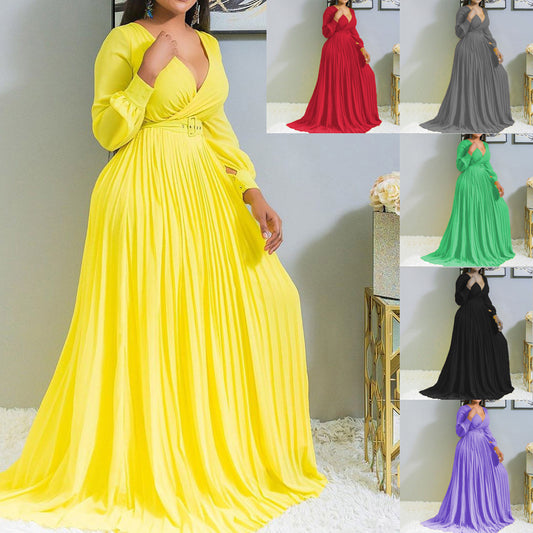 Women's Deep V Cross Gathers Front Chest Lower Solid Color Dresses