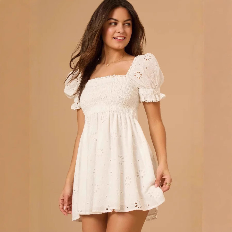 French Sweet Embroidery Square Collar Vacation Dress