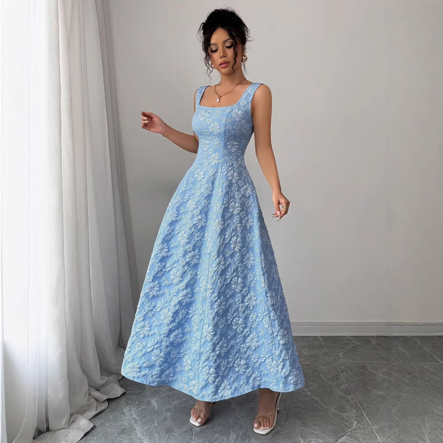 Summer Elegant Simple Jacquard Square Collar Clothing