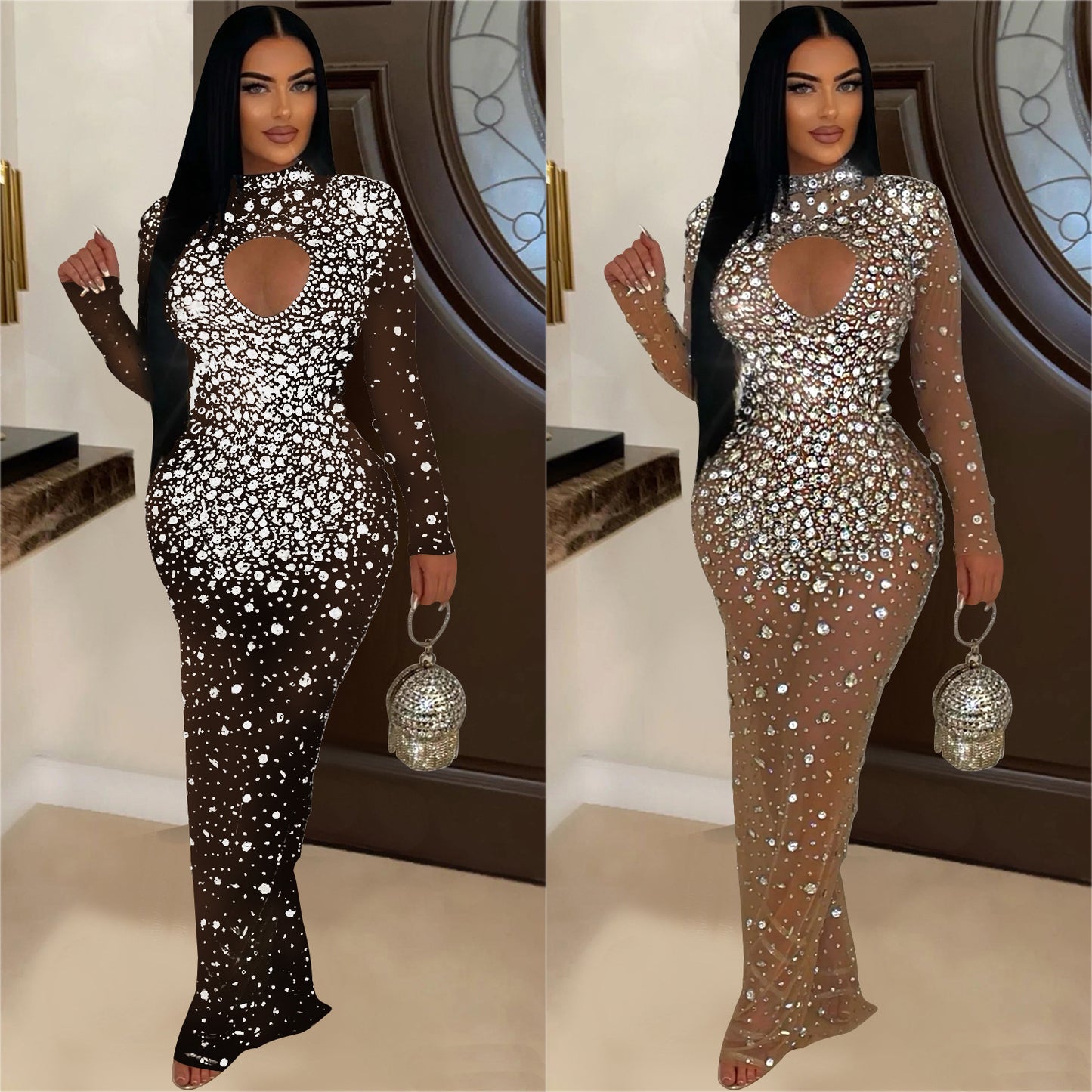 Women's Fashion Wear Round Neck Rhinestone Dress Dresses