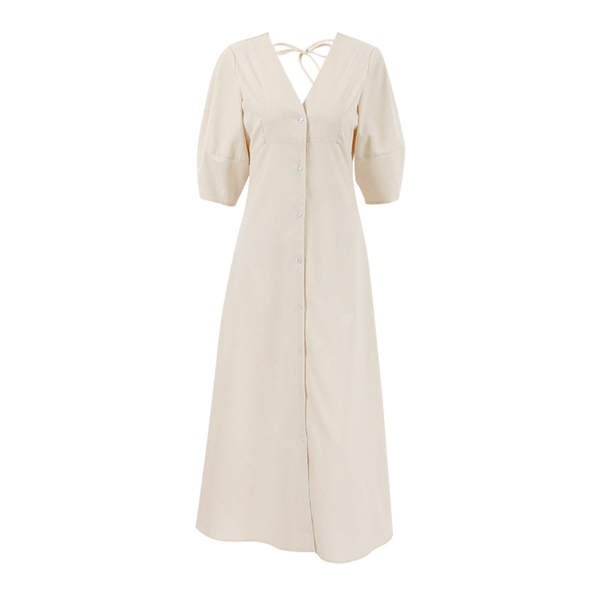 Women's Simple Casual Loose Cotton Linen Dress Autumn Puff Sleeve Dresses