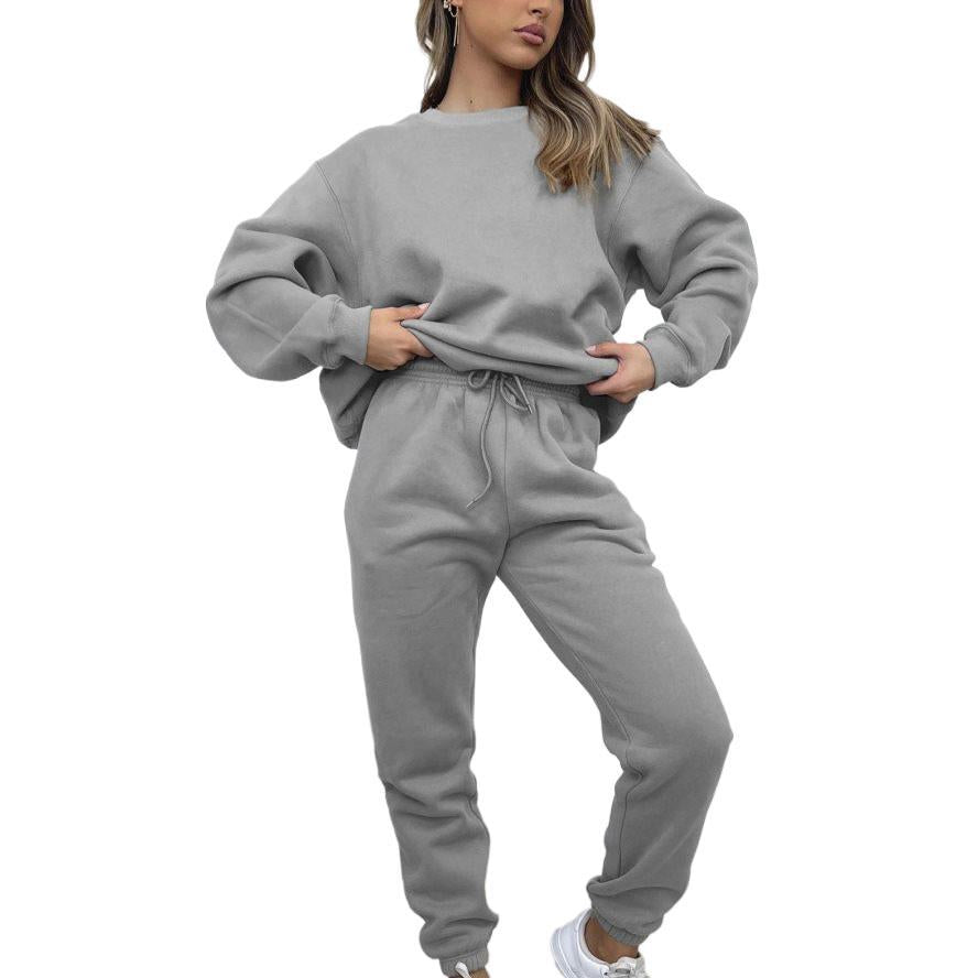 Women's Solid Color Round Neck Long-sleeved Pullover Trousers Suits