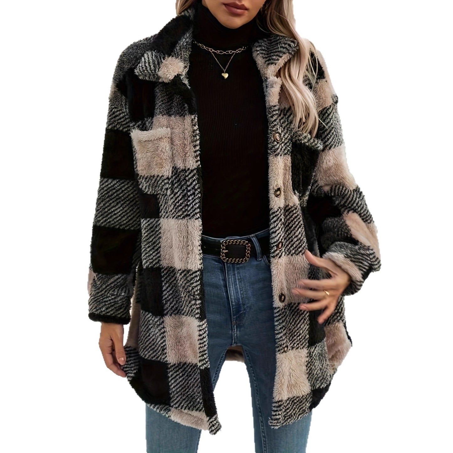 Women's Long Sleeve Double Pocket Plaid Fur Coats