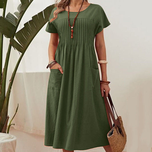 Women's Long Dress Solid Color Round Neck Pocket Pleated Sleeves Dresses