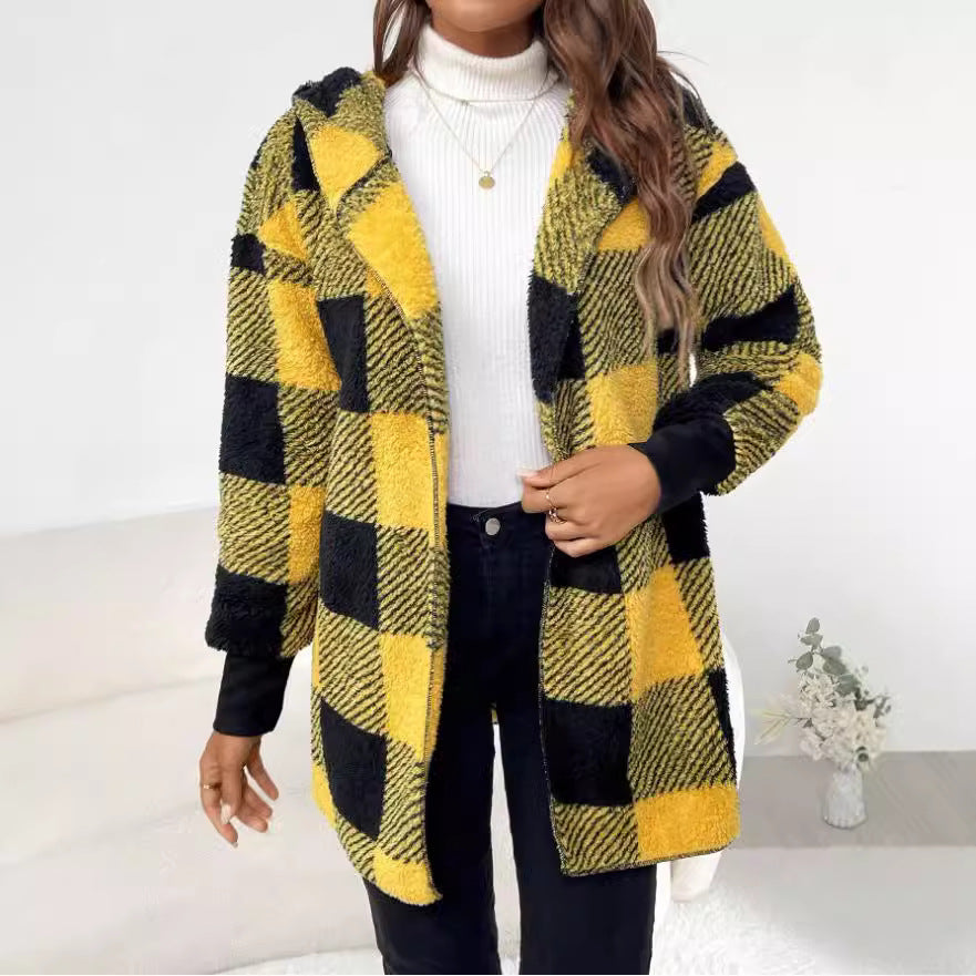 Women's Loose Plaid Color Stitching Knitted Fashion Coats
