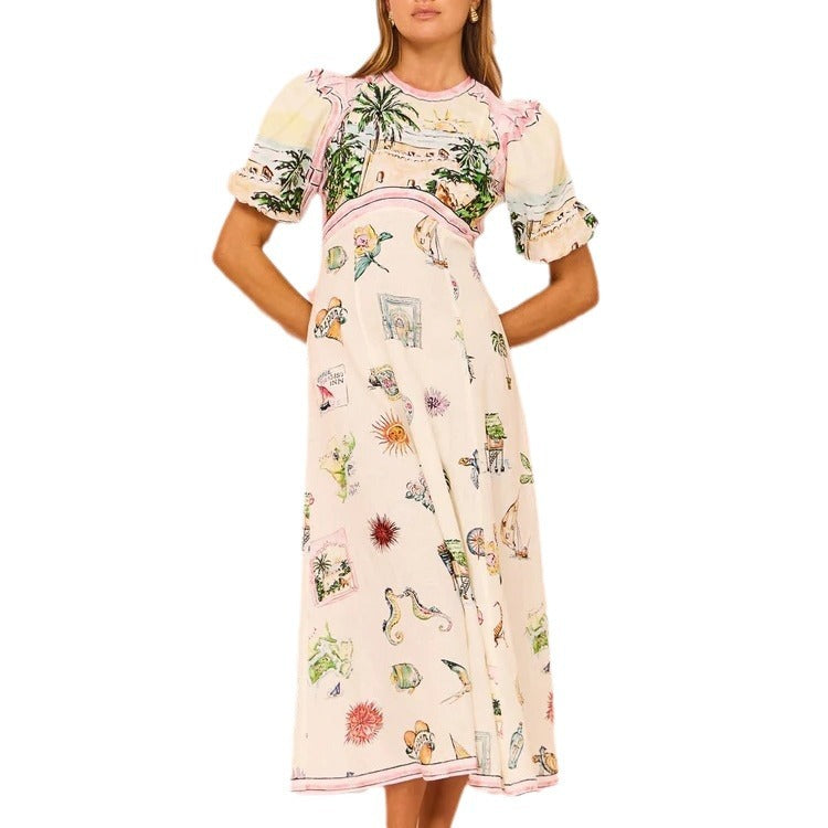 Printing Fashion Puff Sleeve Slim Fit Dresses