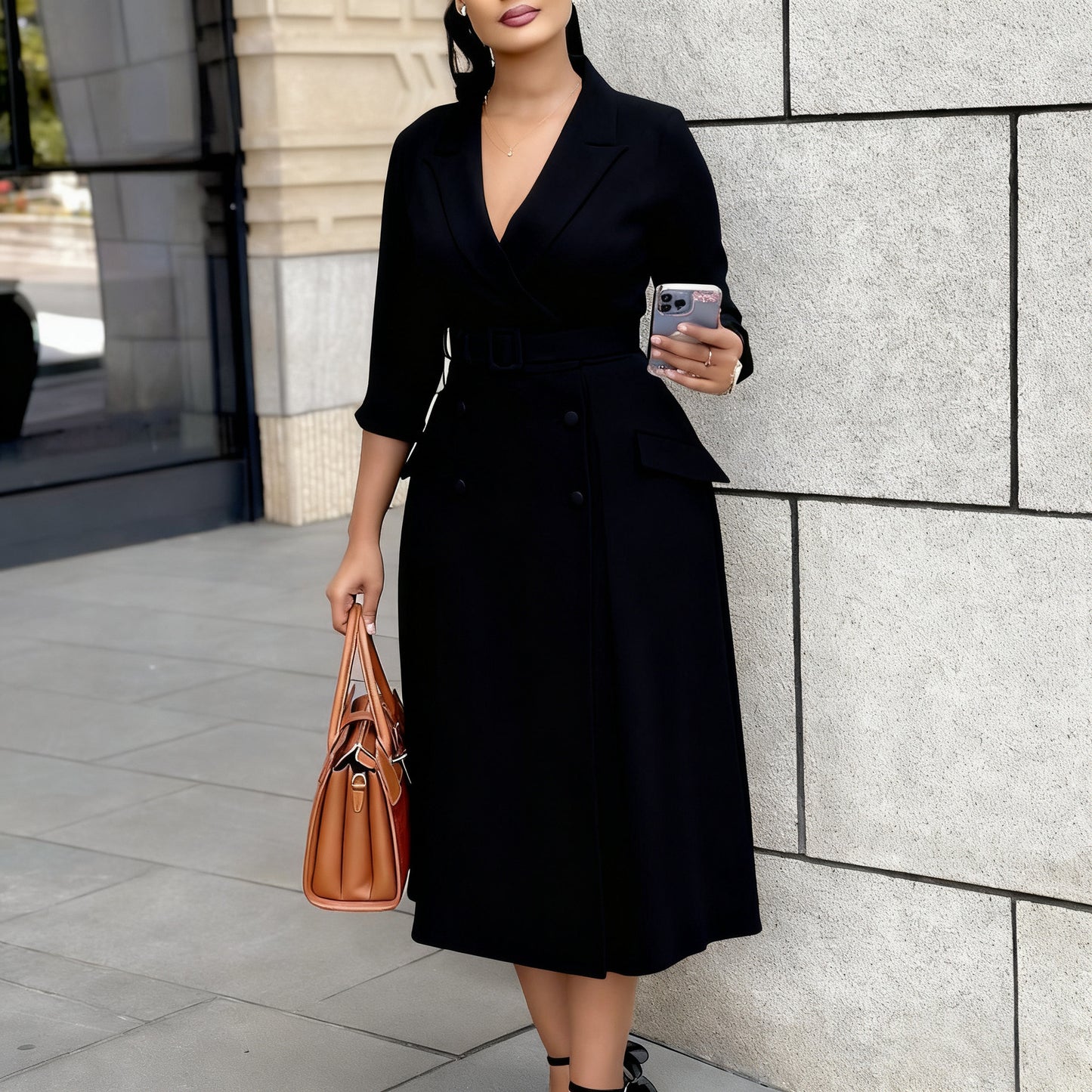 Women's Long Sleeve Collar Double Breasted Midi Dress