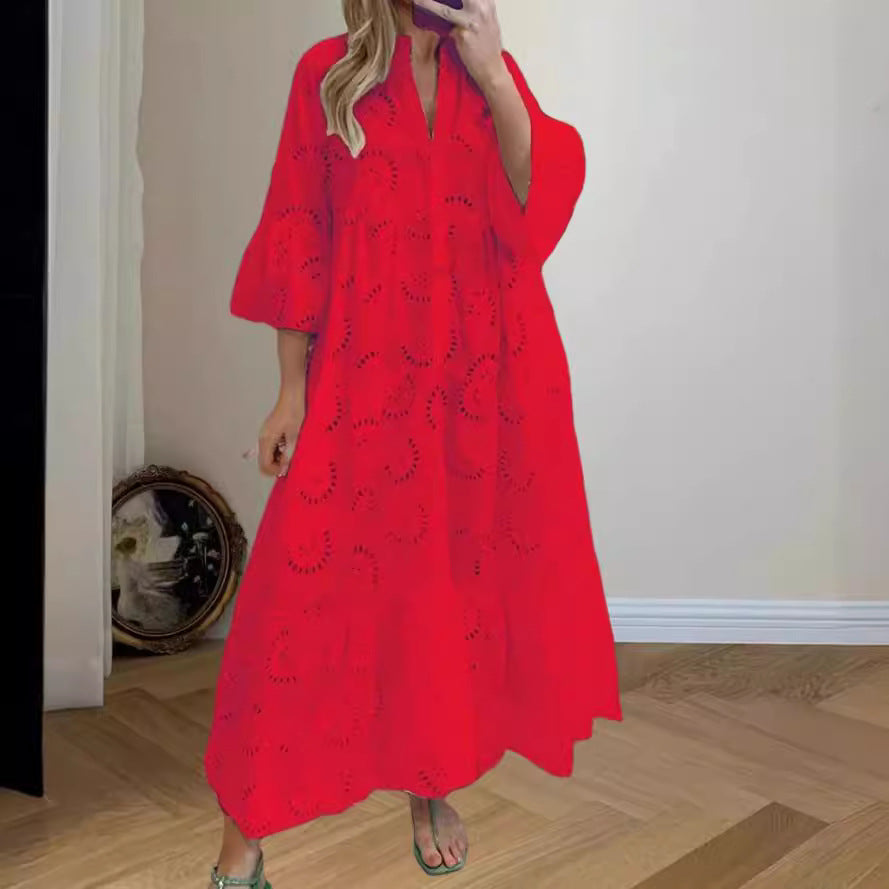 Women's Elegant Puff Sleeve Solid Color Hollow Loose Dresses