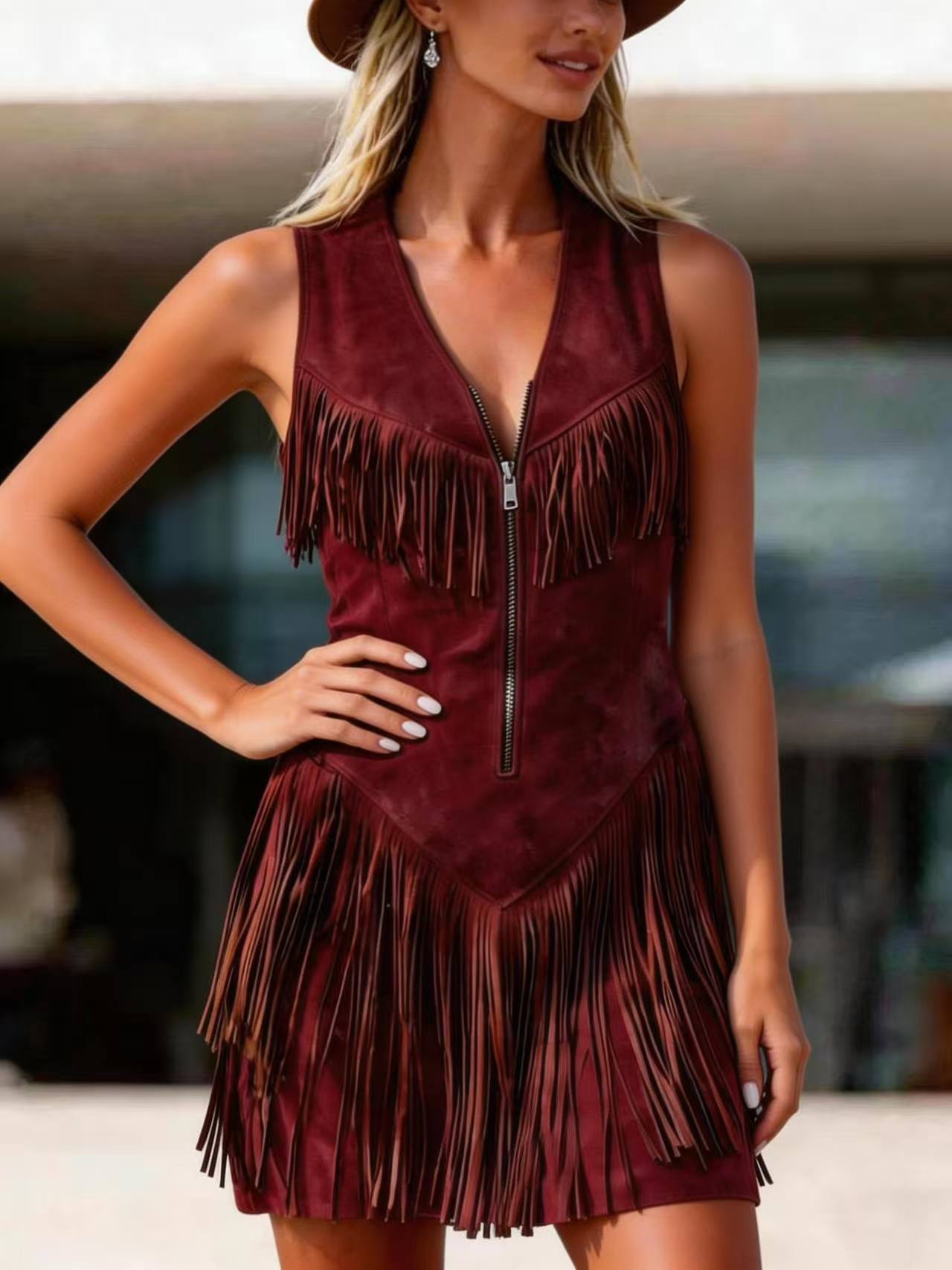 Retro Western Style Tassel Suede Zipper Dress